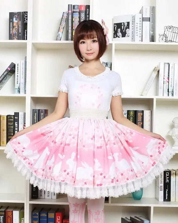 Pastel Pink Cherry Blossom Bunny Rabbit Lolita Skirt - Cosparty