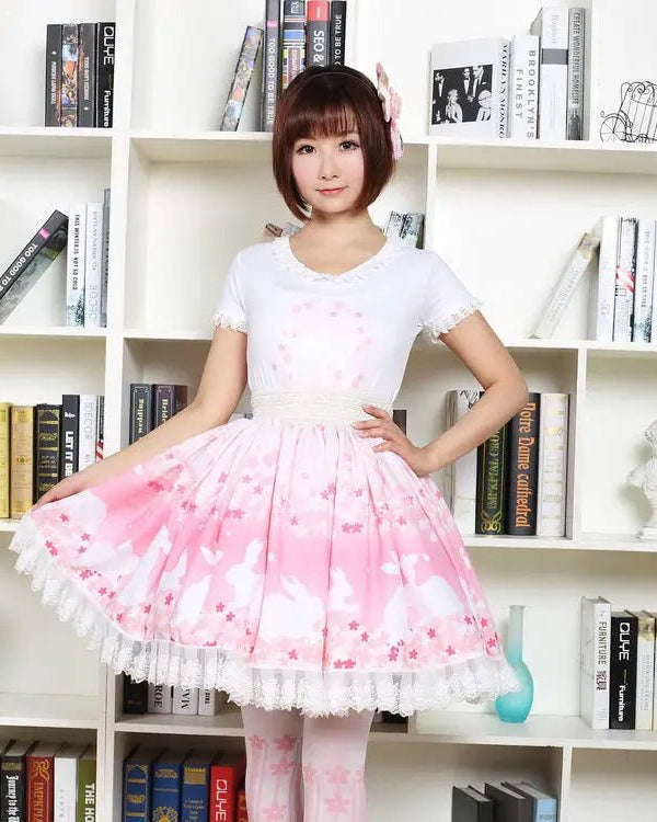Pastel Pink Cherry Blossom Bunny Rabbit Lolita Skirt - Cosparty