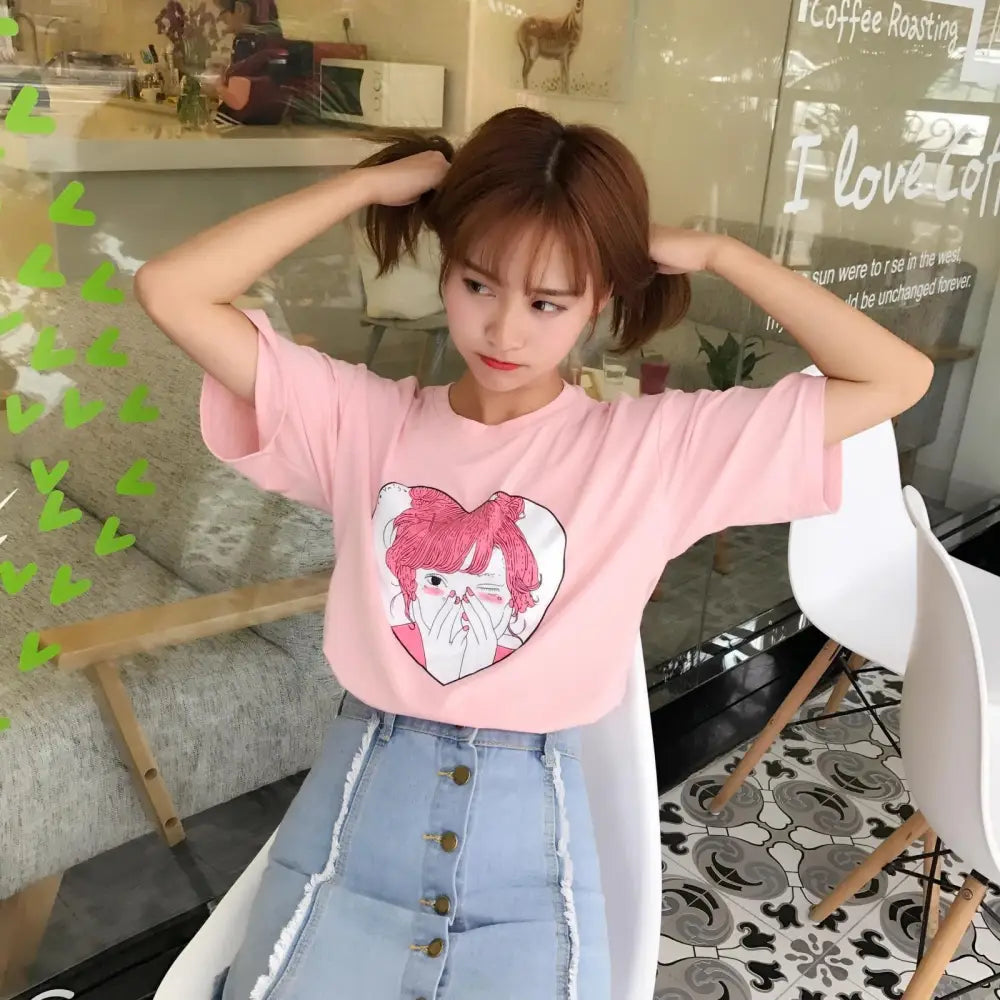 Pastel Pink Oversized T-Shirt with Adorable Anime Girl Design - Shirt