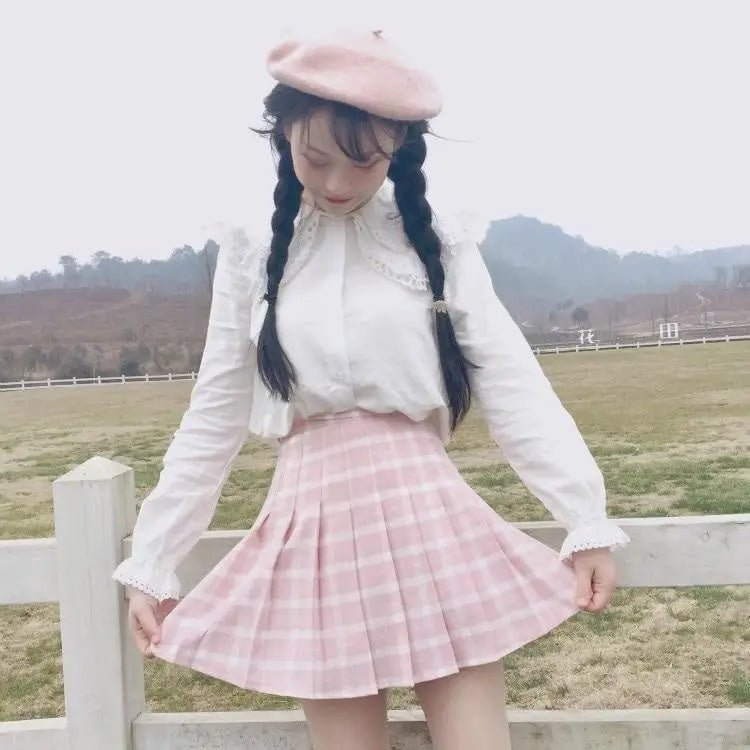 Pastel Pink Plaid School Girl Skirt with Pleats - Cosparty