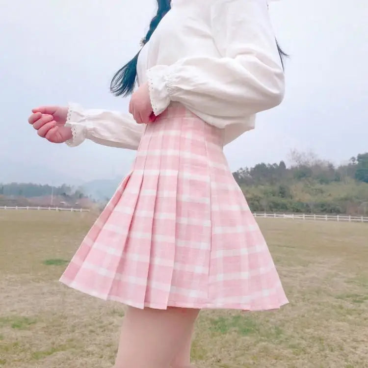 Pastel Pink Plaid School Girl Skirt with Pleats - skirt