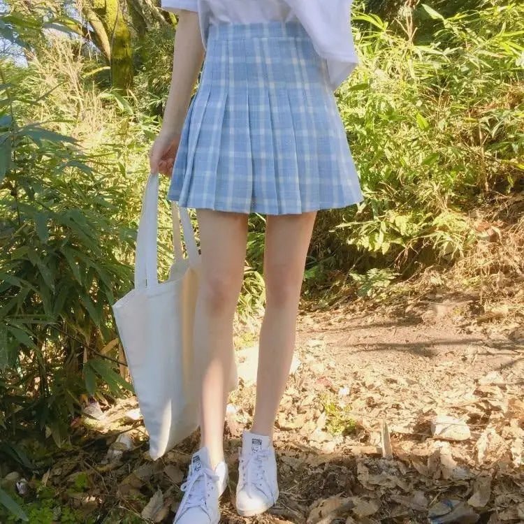 Pastel Pink Plaid School Girl Skirt with Pleats - Cosparty