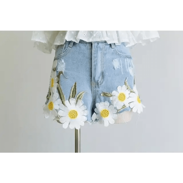 Pastel Princess Embroidered Denim Daisy Shorts - Cosparty