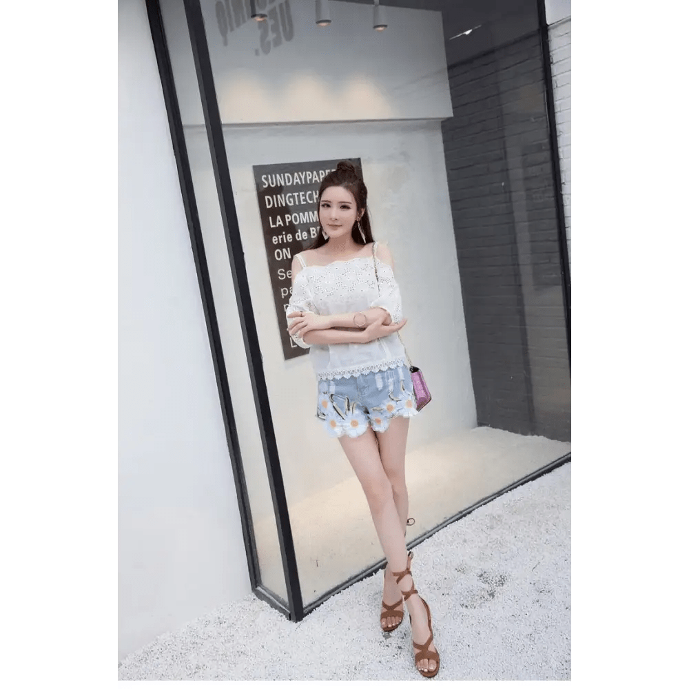 Pastel Princess Embroidered Denim Daisy Shorts - Cosparty