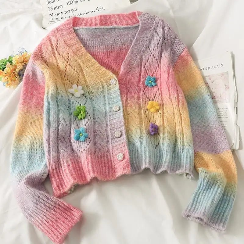Pastel Rainbow Knit Cardigan Sweater with Girly Hippie Vibes - Cosparty
