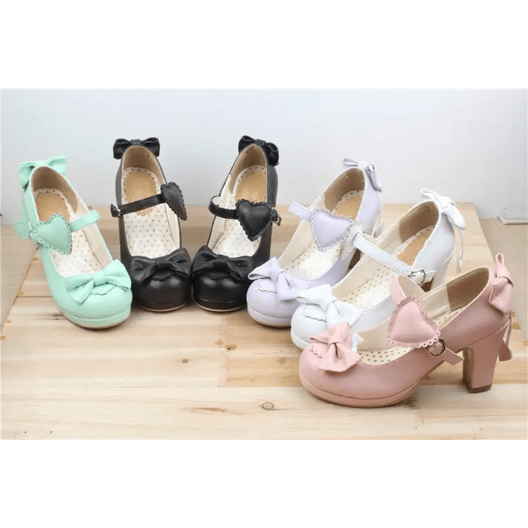 Pastel Sweet Lolita Heels with Heart Embellishments and Bows - Cosparty