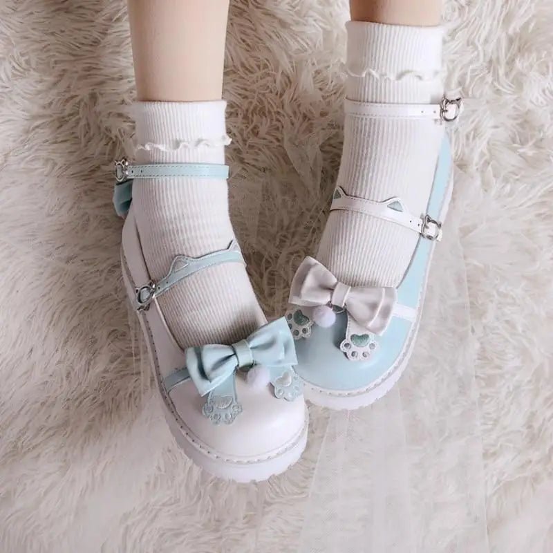 Pastel Sweet Lolita Shoes with Cute Embroidered Paw Prints - Cosparty
