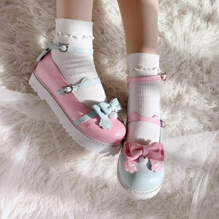 Pastel Sweet Lolita Shoes with Cute Embroidered Paw Prints - Cosparty