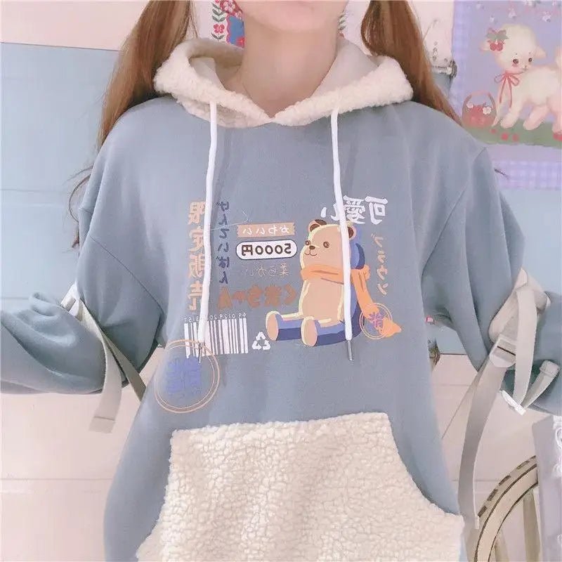 Pastel Teddy Bear Fleece Pullover Hoodie - Cosparty