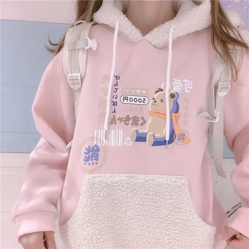 Pastel Teddy Bear Fleece Pullover Hoodie - Cosparty
