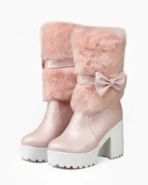 Pastel Vegan Fur Boots with Chunky Block Heel - Cosparty