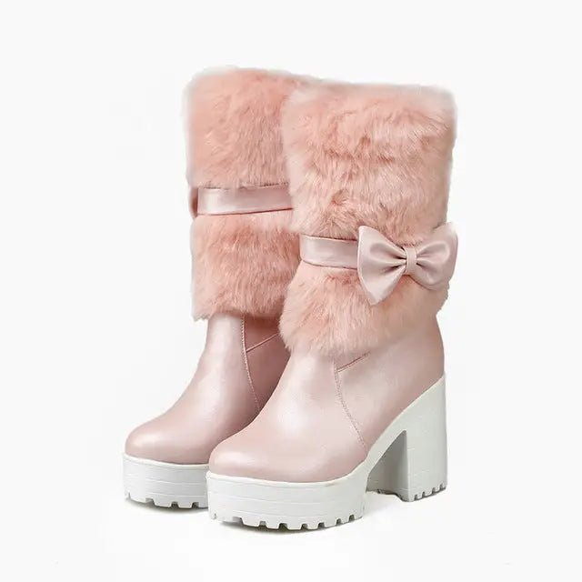Pastel Vegan Fur Boots with Chunky Block Heel - Cosparty