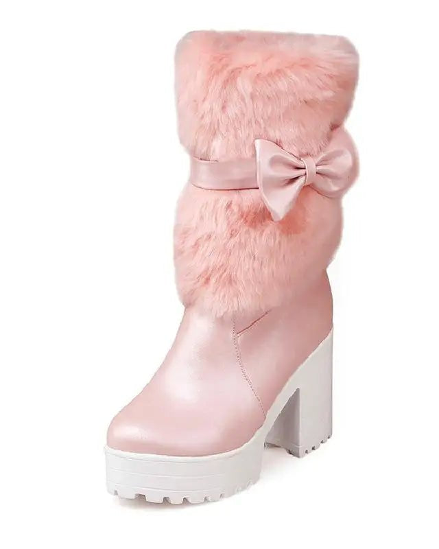 Pastel Vegan Fur Boots with Chunky Block Heel - Cosparty