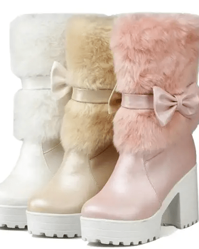 Pastel Vegan Fur Boots with Chunky Block Heel - Cosparty