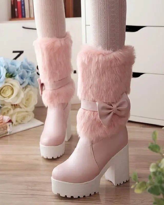 Pastel Vegan Fur Boots with Chunky Block Heel - Cosparty