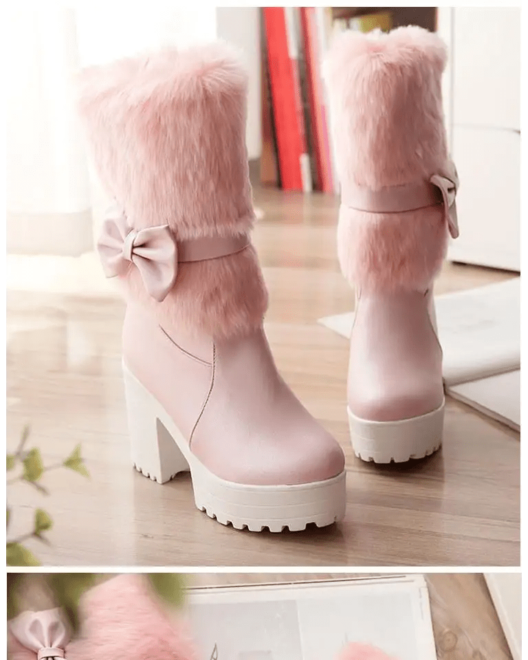 Pastel Vegan Fur Boots with Chunky Block Heel - Cosparty