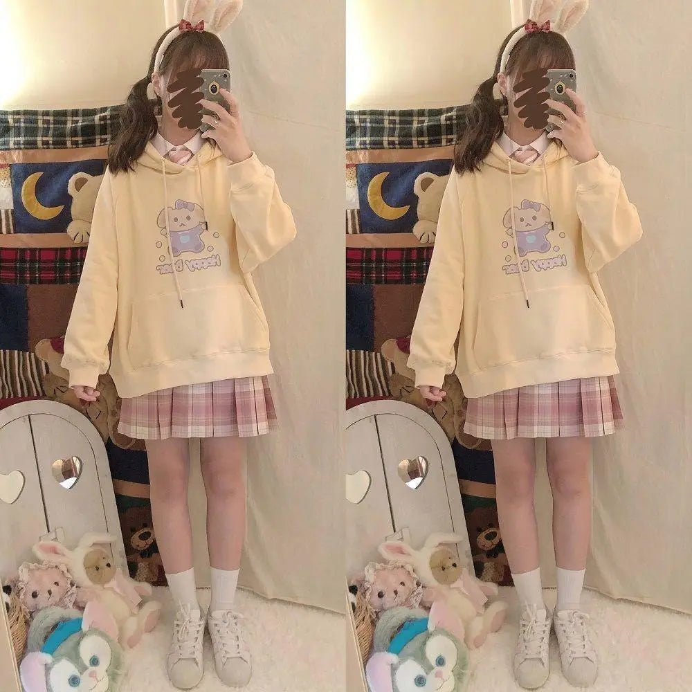 Pastel Yellow Bear Hoodie with Cozy Pouch and Cute Details - Cosparty