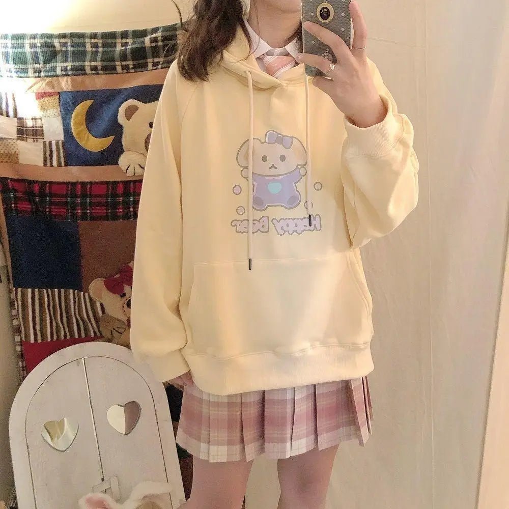 Pastel Yellow Bear Hoodie with Cozy Pouch and Cute Details - Cosparty