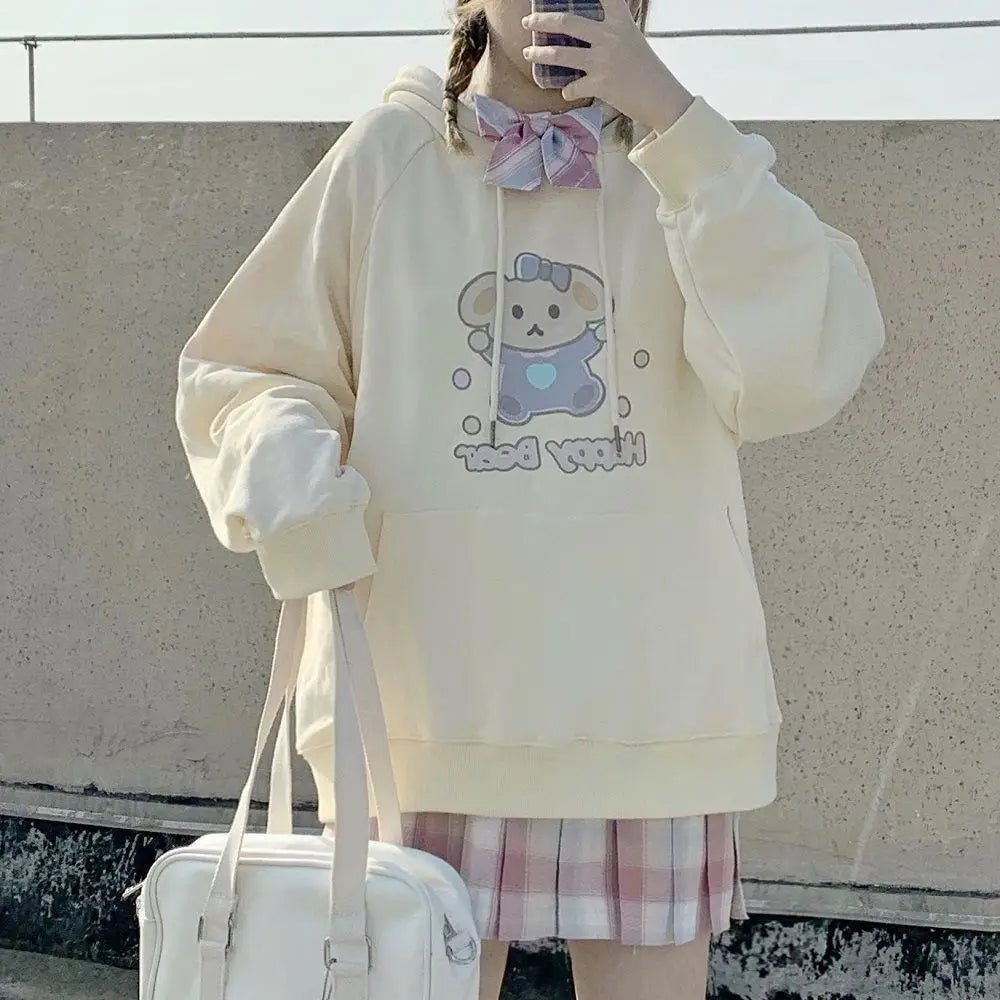 Pastel Yellow Bear Hoodie with Cozy Pouch and Cute Details - Cosparty