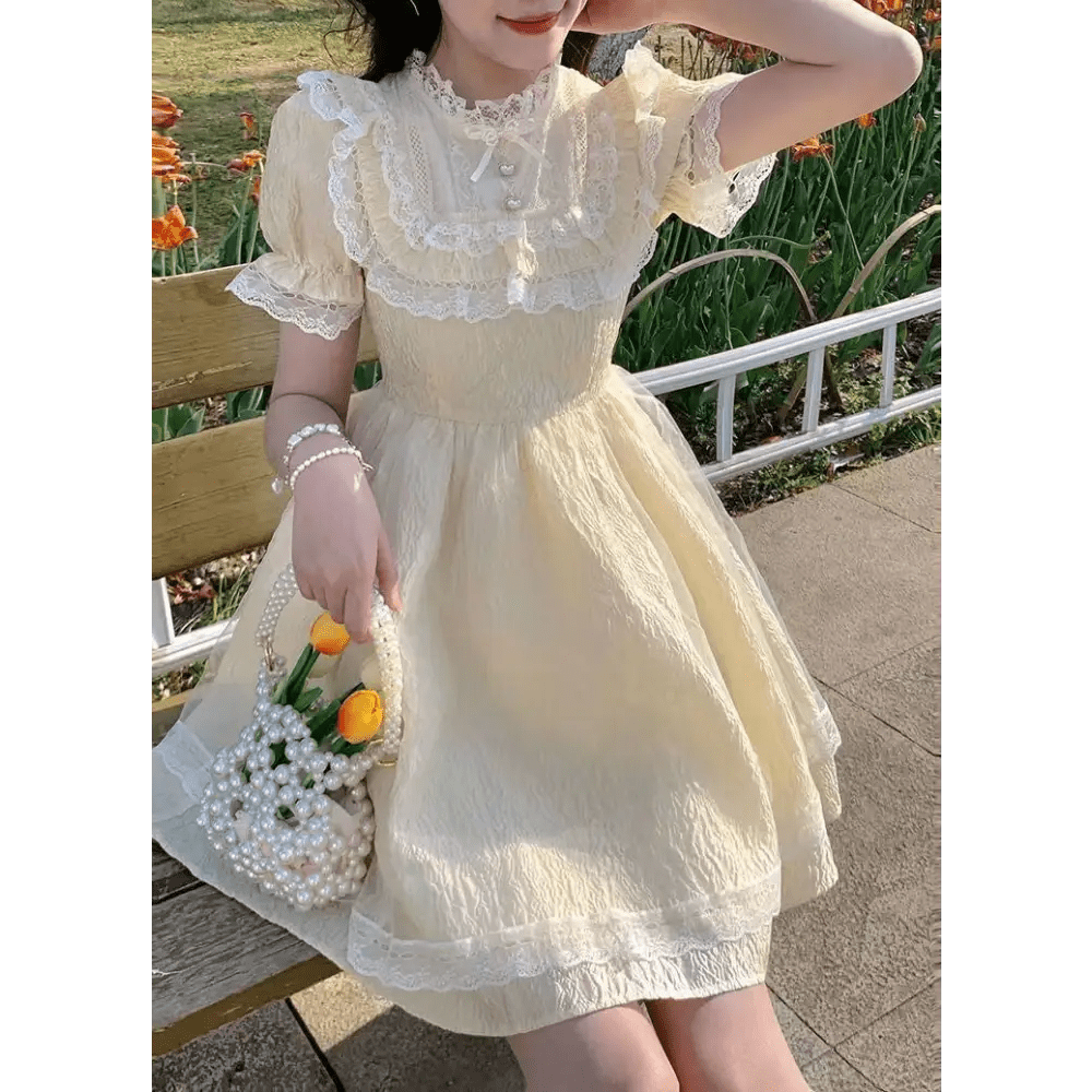 Pastel Yellow Floral Lace Angelic Dress with Poofy Sleeves - Cosparty