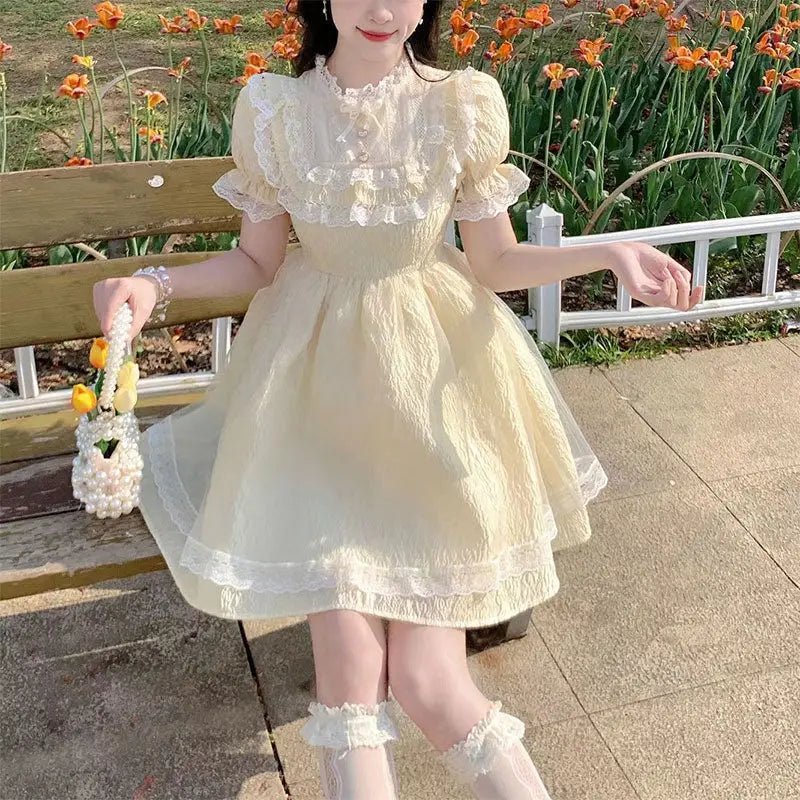 Pastel Yellow Floral Lace Angelic Dress with Poofy Sleeves - Cosparty