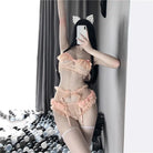 Peach Fishnet Maiden Lingerie Set with Matching Kitten Paw Mittens - lingerie