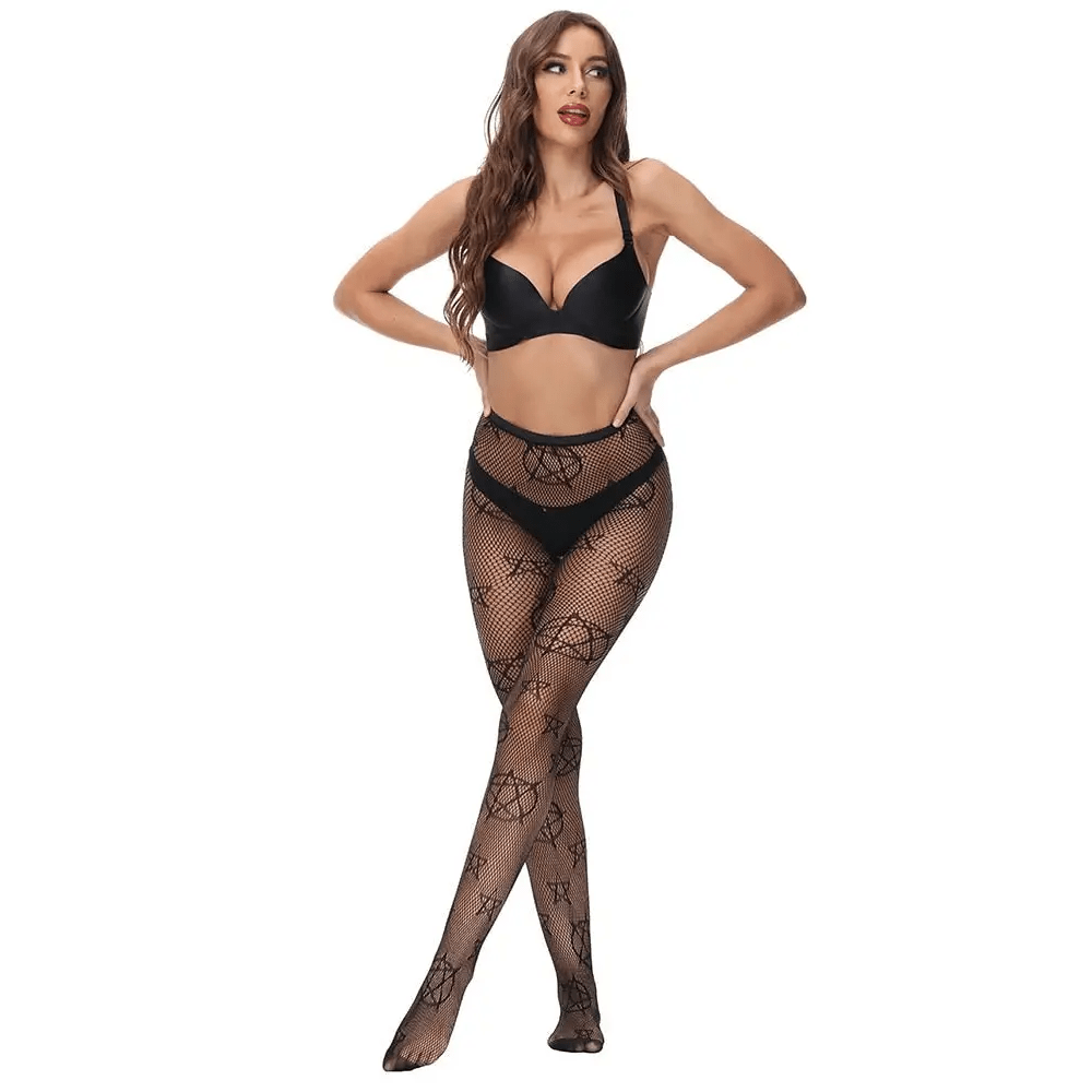 Pentagram Printed Fishnet Tights for Gothic Cospartys - Cosparty