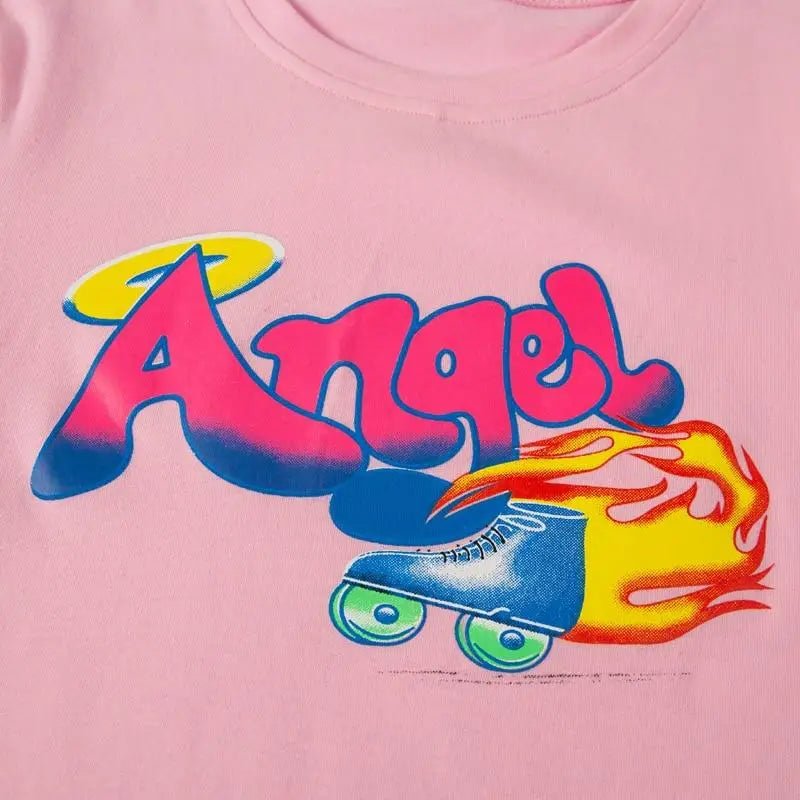 Pink 90s Retro Angel Crop Top with Rollerblades Print - Cosparty