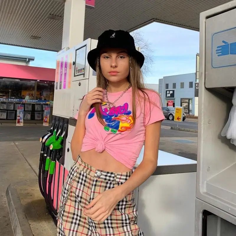 Pink 90s Retro Angel Crop Top with Rollerblades Print - Cosparty