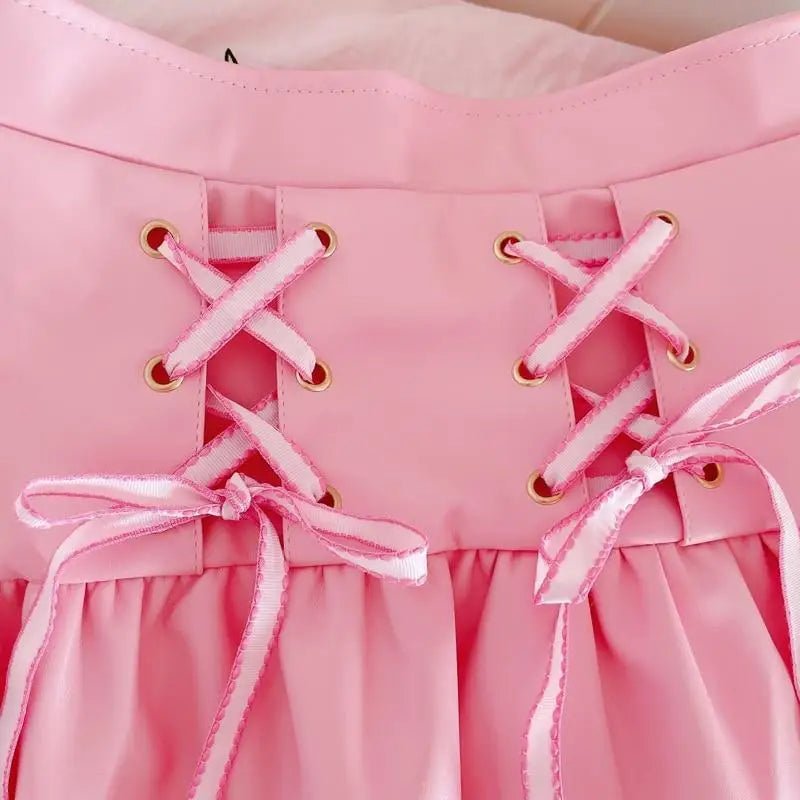 Pink and White Lace - Up Corset Tennis Skirt with Ribbons - Cosparty
