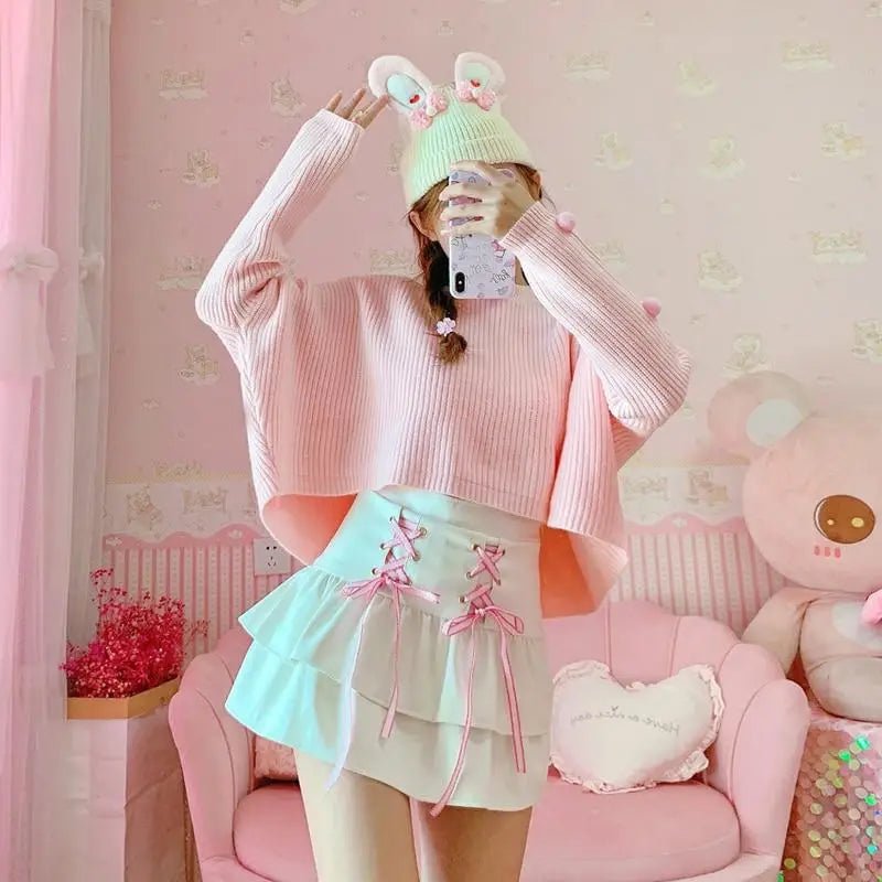 Pink and White Lace - Up Corset Tennis Skirt with Ribbons - Cosparty