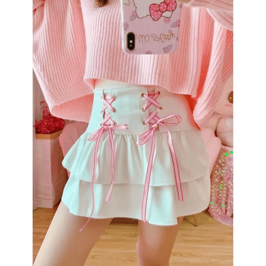 Pink and White Lace - Up Corset Tennis Skirt with Ribbons - Cosparty