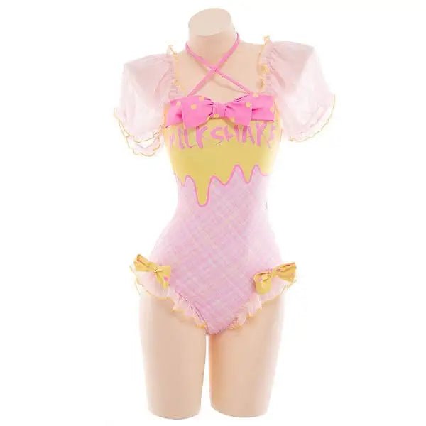 Pink and Yellow Milkshake Plaid Adult Onesie and Swimsuit 33 - 34 84 - 87 - Cosparty