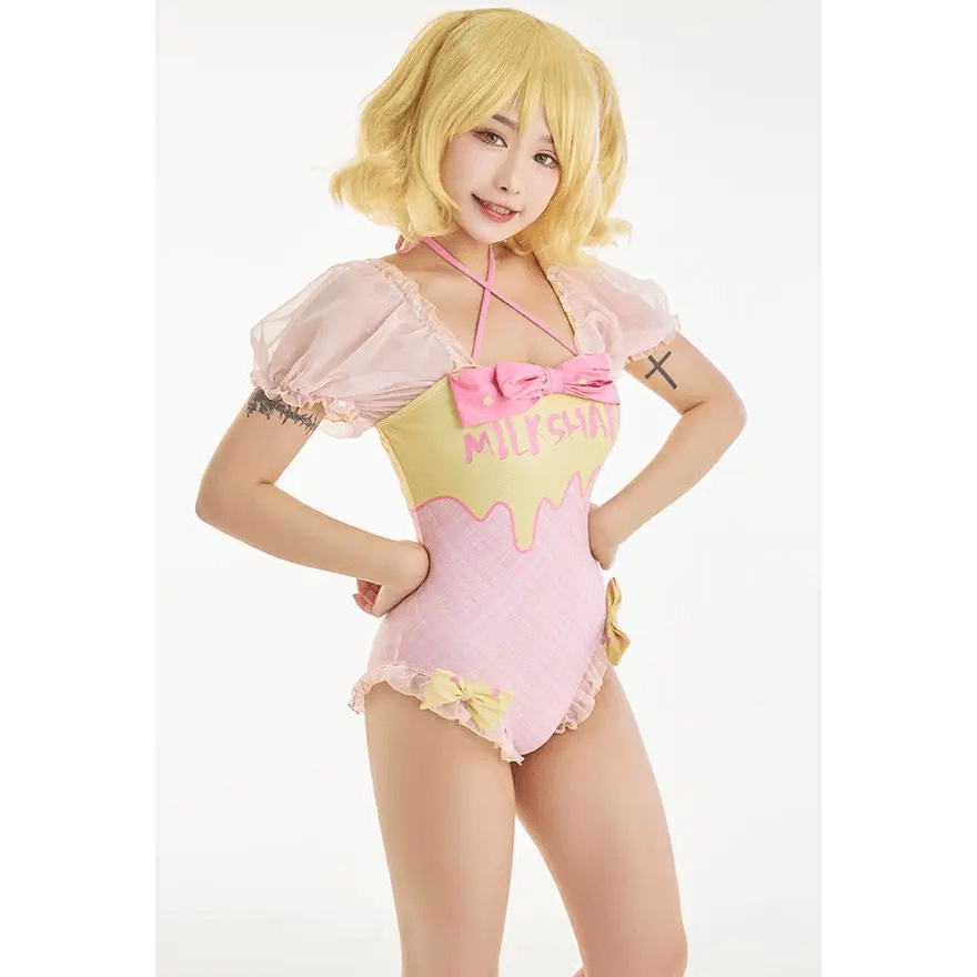 Pink and Yellow Milkshake Plaid Adult Onesie and Swimsuit 33 - 34 84 - 87 - Cosparty