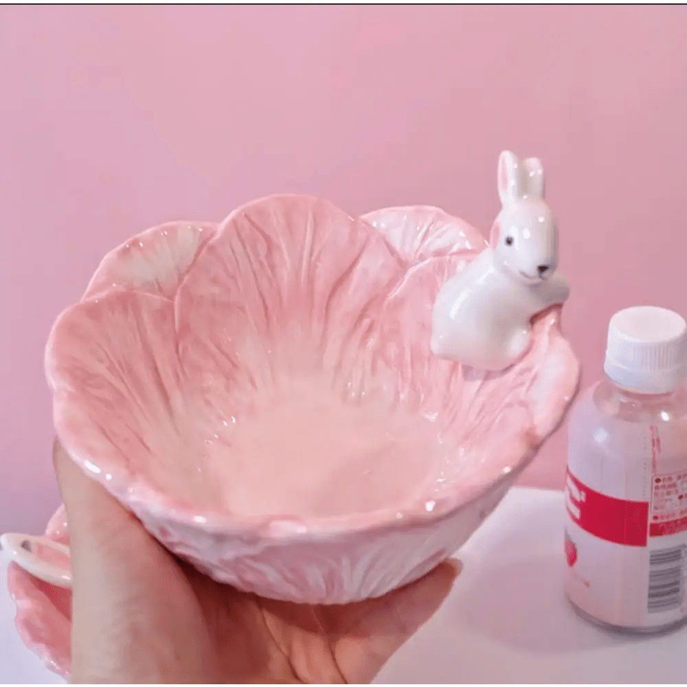 Pink Bunny Bowl in Lotus Design for a Magical Breakfast Experience - Cosparty