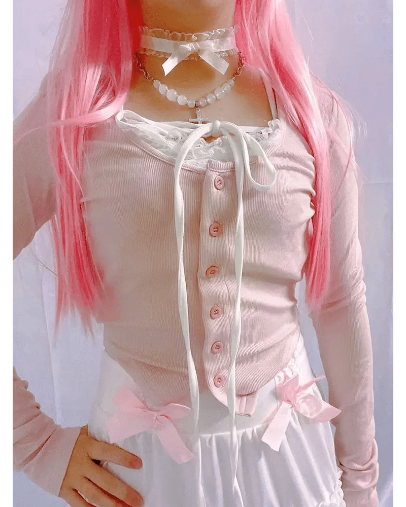 Pink Button Up Lace Cardigan for Fairy Charm Wardrobe - Cosparty