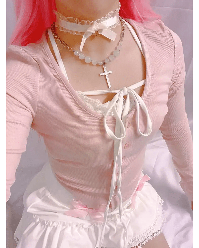 Pink Button Up Lace Cardigan for Fairy Charm Wardrobe - Cosparty