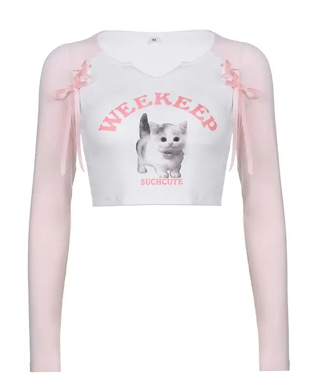 Pink Kitten Long Sleeve Crop Top for Angelcore and Fairycore Styles - shirt