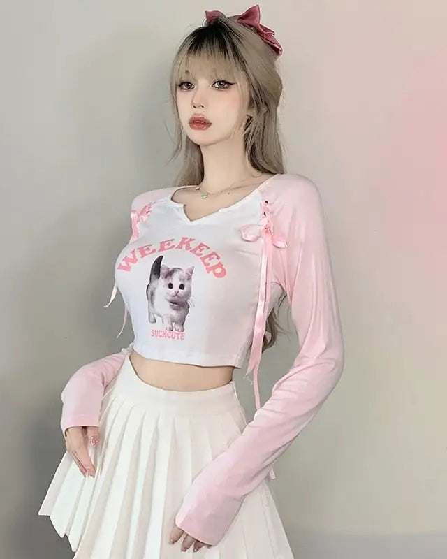 Pink Kitten Long Sleeve Crop Top for Angelcore and Fairycore Styles - Cosparty