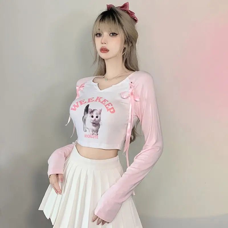 Pink Kitten Long Sleeve Crop Top for Angelcore and Fairycore Styles - Cosparty