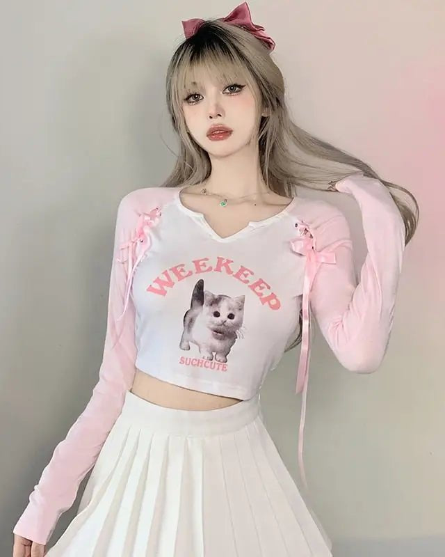 Pink Kitten Long Sleeve Crop Top for Angelcore and Fairycore Styles - Cosparty