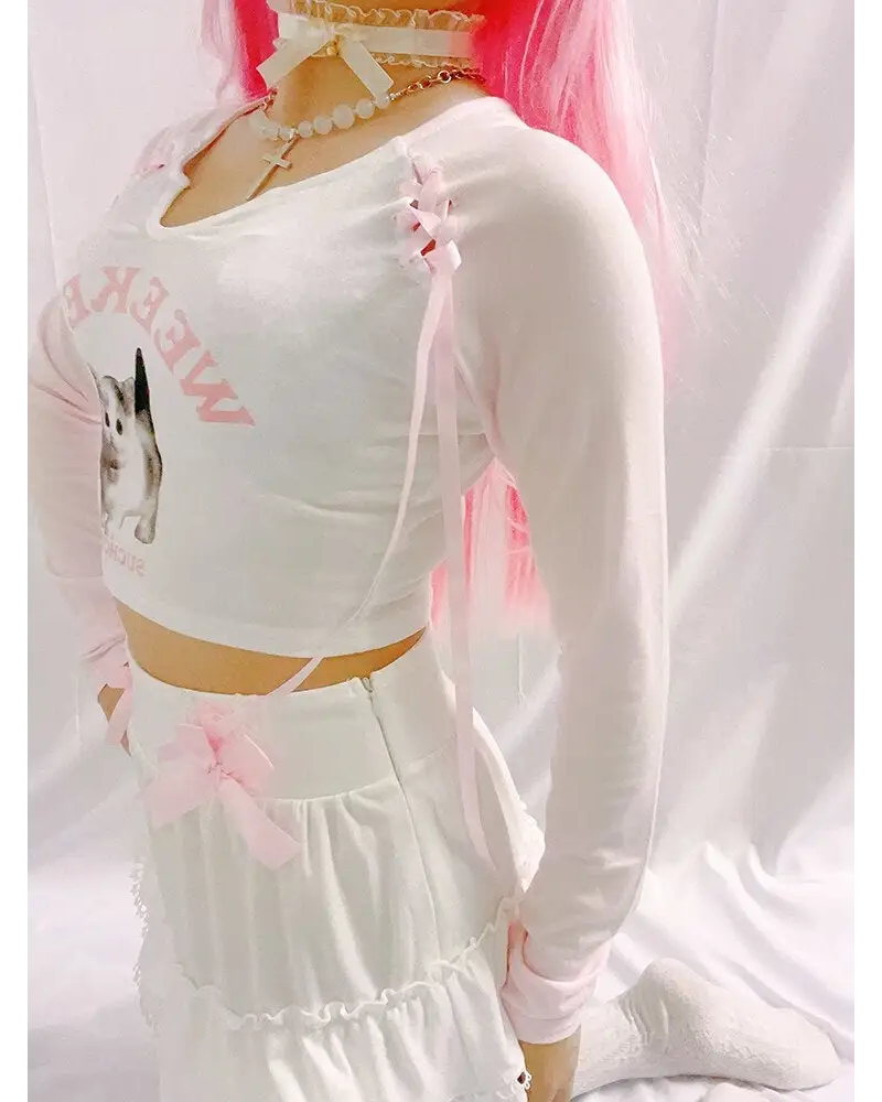 Pink Kitten Long Sleeve Crop Top for Angelcore and Fairycore Styles - shirt