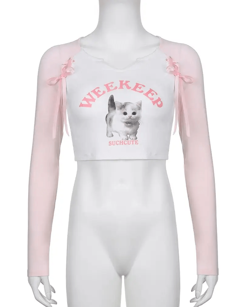Pink Kitten Long Sleeve Crop Top for Angelcore and Fairycore Styles - Cosparty