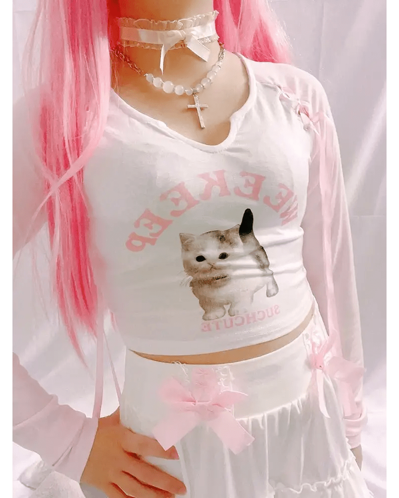 Pink Kitten Long Sleeve Crop Top for Angelcore and Fairycore Styles - Cosparty