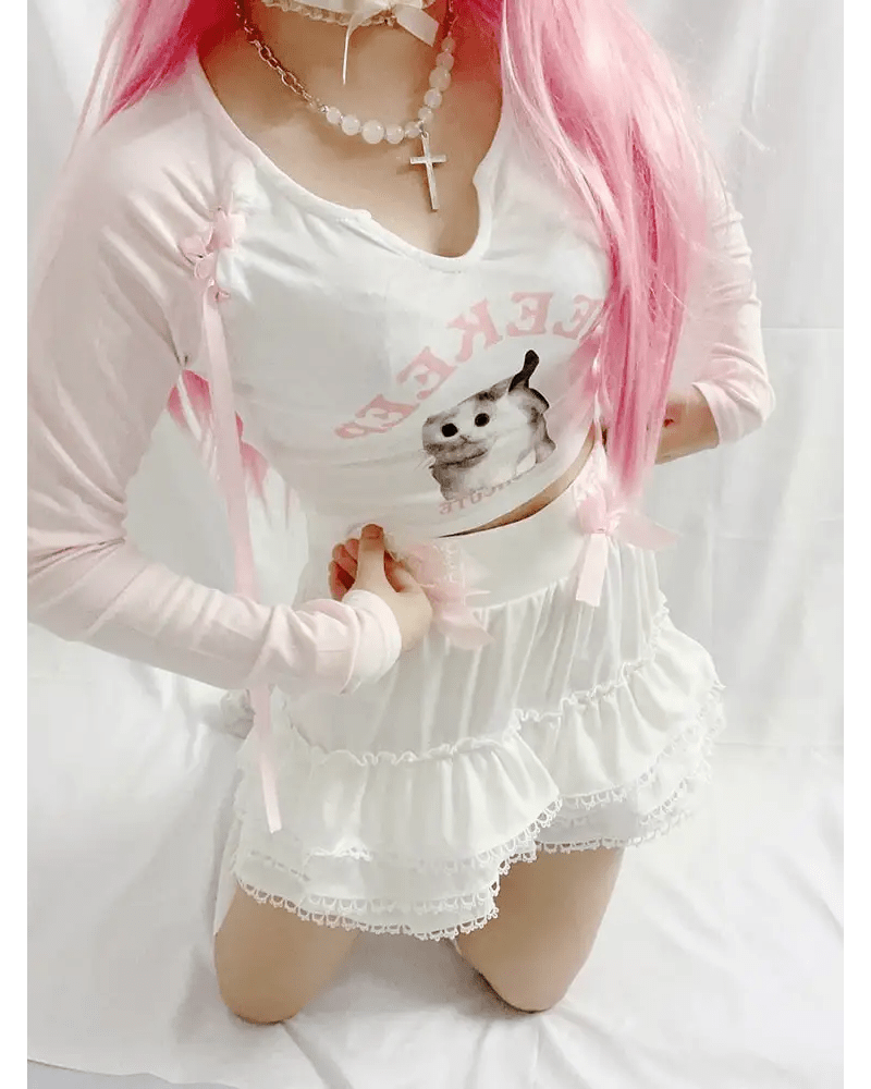 Pink Kitten Long Sleeve Crop Top for Angelcore and Fairycore Styles - Cosparty