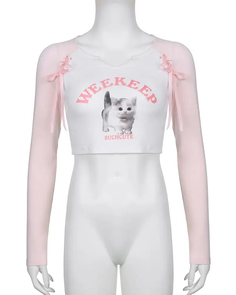 Pink Kitten Long Sleeve Crop Top for Angelcore and Fairycore Styles - shirt