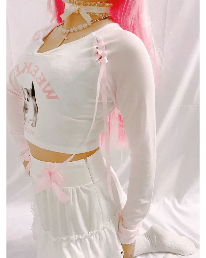Pink Kitten Long Sleeve Crop Top for Angelcore and Fairycore Styles - Cosparty