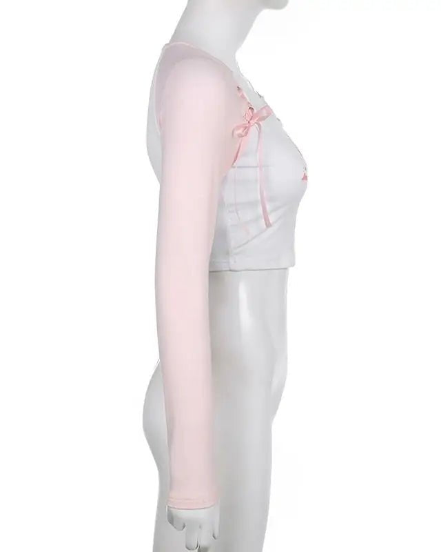 Pink Kitten Long Sleeve Crop Top for Angelcore and Fairycore Styles - Cosparty