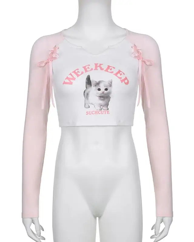 Pink Kitten Long Sleeve Crop Top for Angelcore and Fairycore Styles - shirt