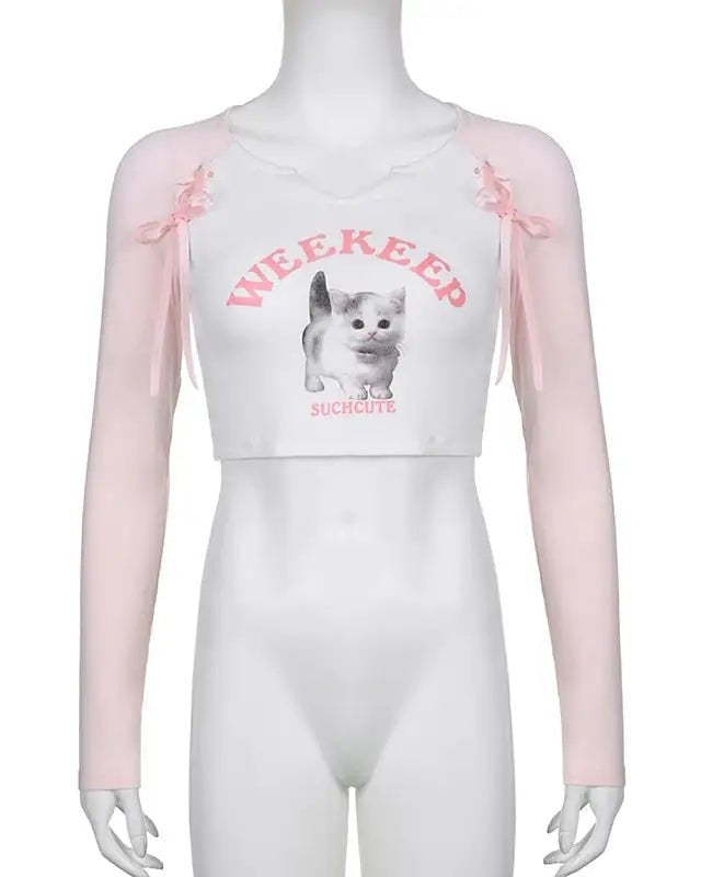 Pink Kitten Long Sleeve Crop Top for Angelcore and Fairycore Styles - Cosparty